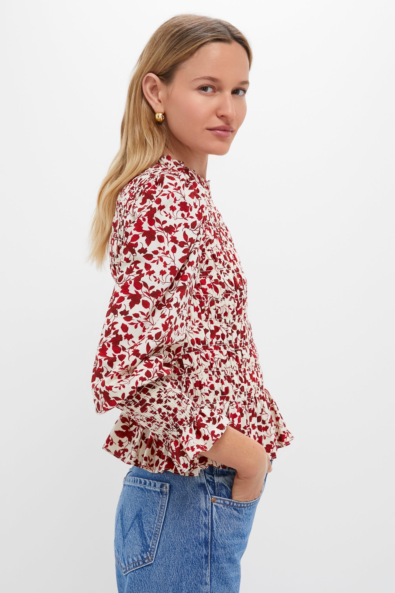 Red and Cream Floral Smocked Cynthia Blouse
