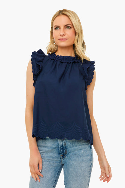 Navy Heidi Heart Quilted Flutter Sleeve Tank Top