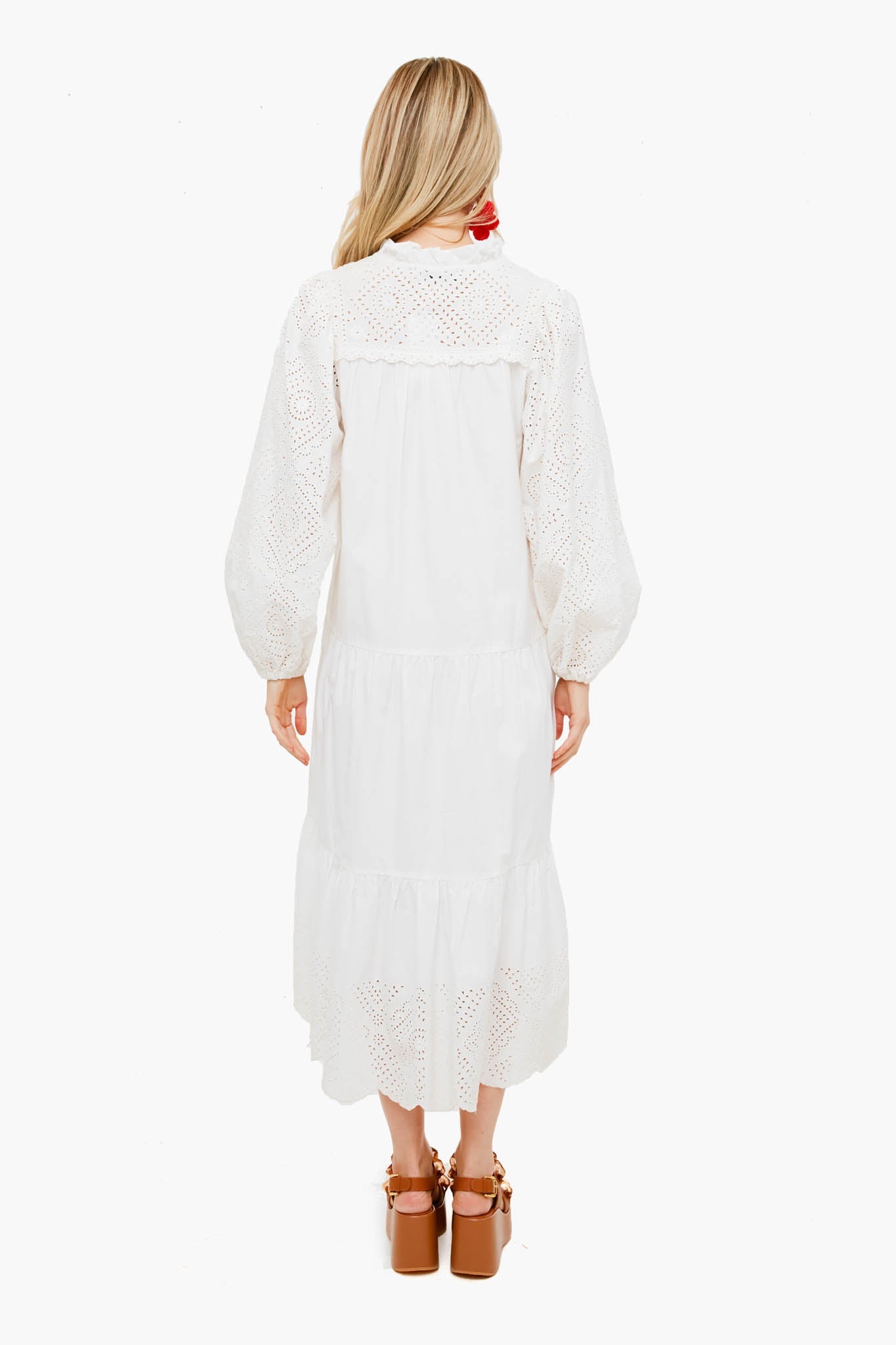 White Vienne Eyelet Long Sleeve Shirt Dress