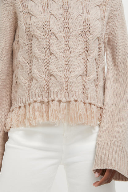Taupe Fringe Cable Knit Carly Sweater