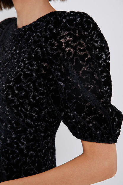 Black Sophia Burnout Velvet Puff Sleeve Dress