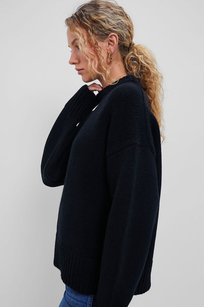 Black Genevieve Cashmere Wool Blend Crewneck Sweater