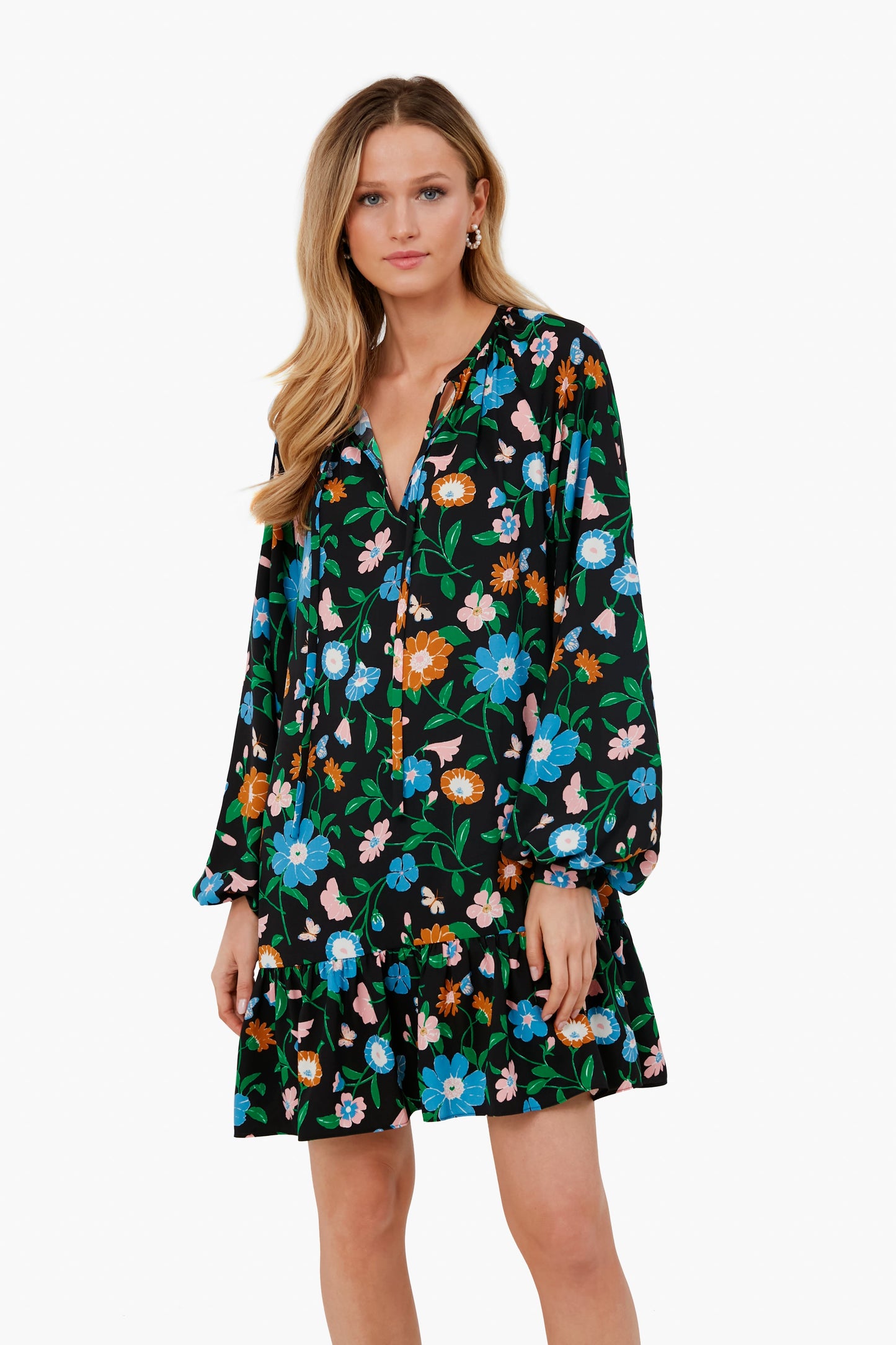 Black Floral Garden Tie Neck Dress
