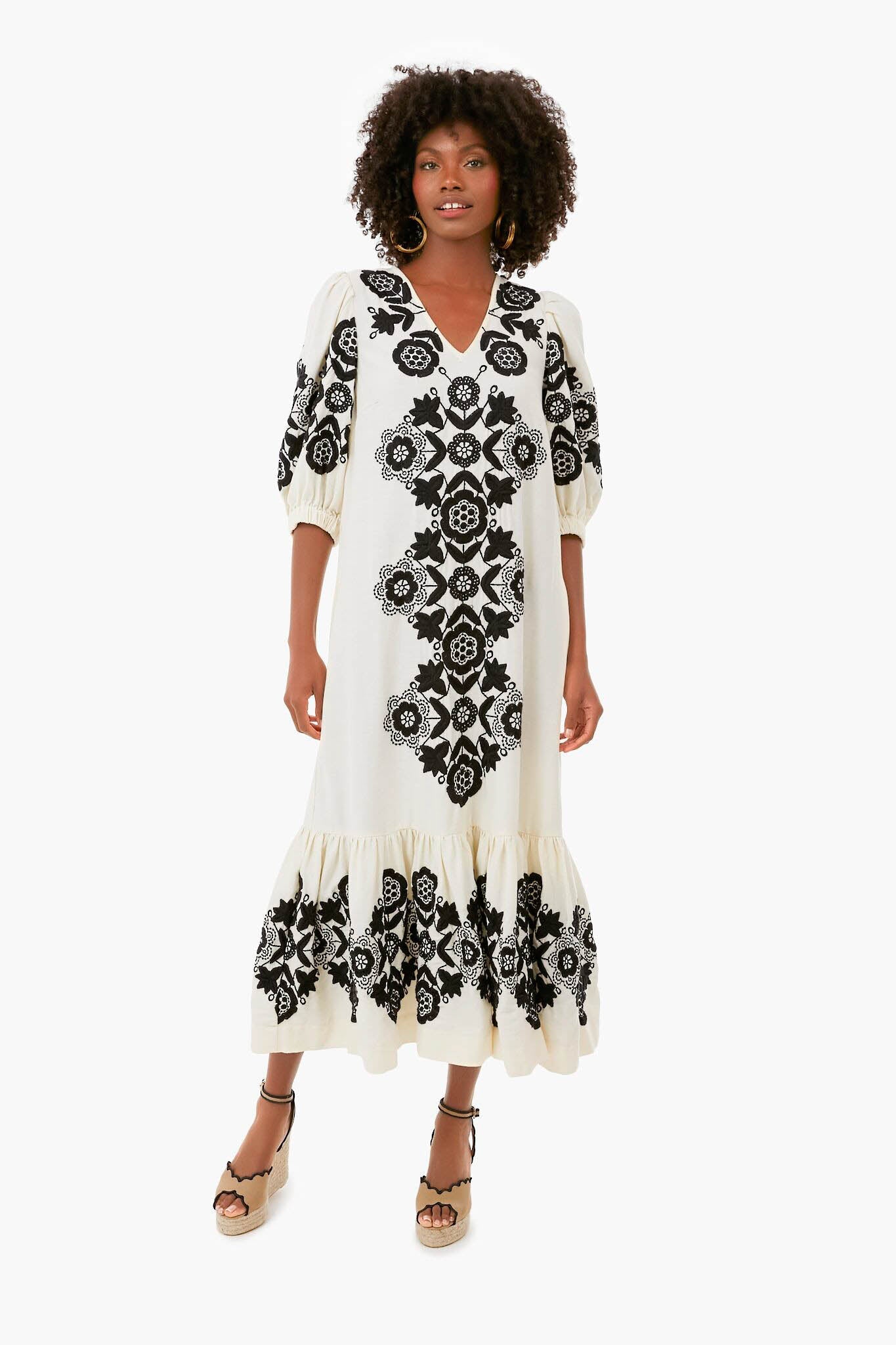 Cream Manuela Embroidered Puff Sleeve V-Neck Dress