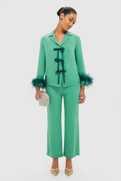 Green Bow Pajama Set with Detachable Feathers