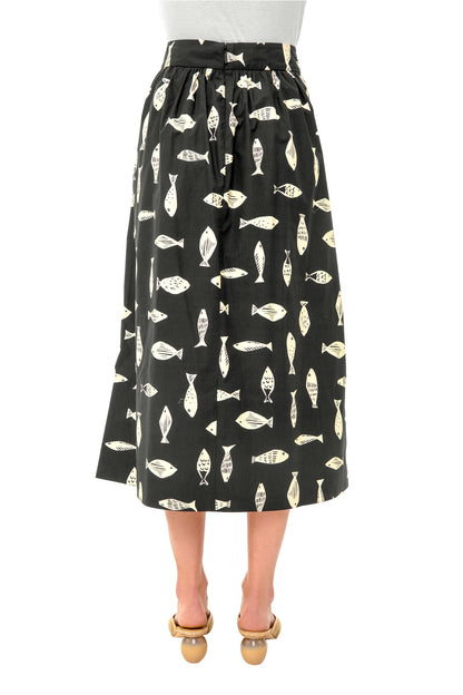 Poisson Print Smocking Waistband Full Skirt