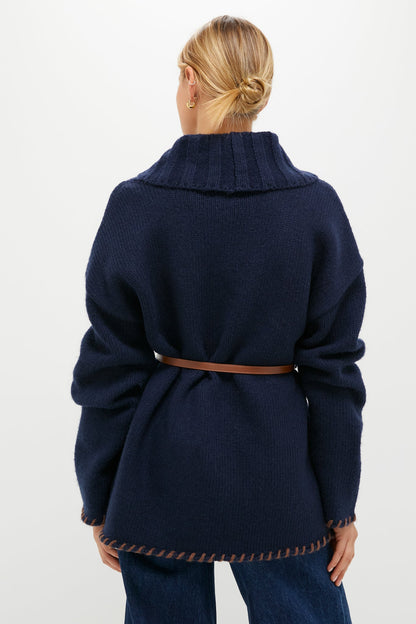 Navy and Brown Blanket Stitch Harrow Cardigan