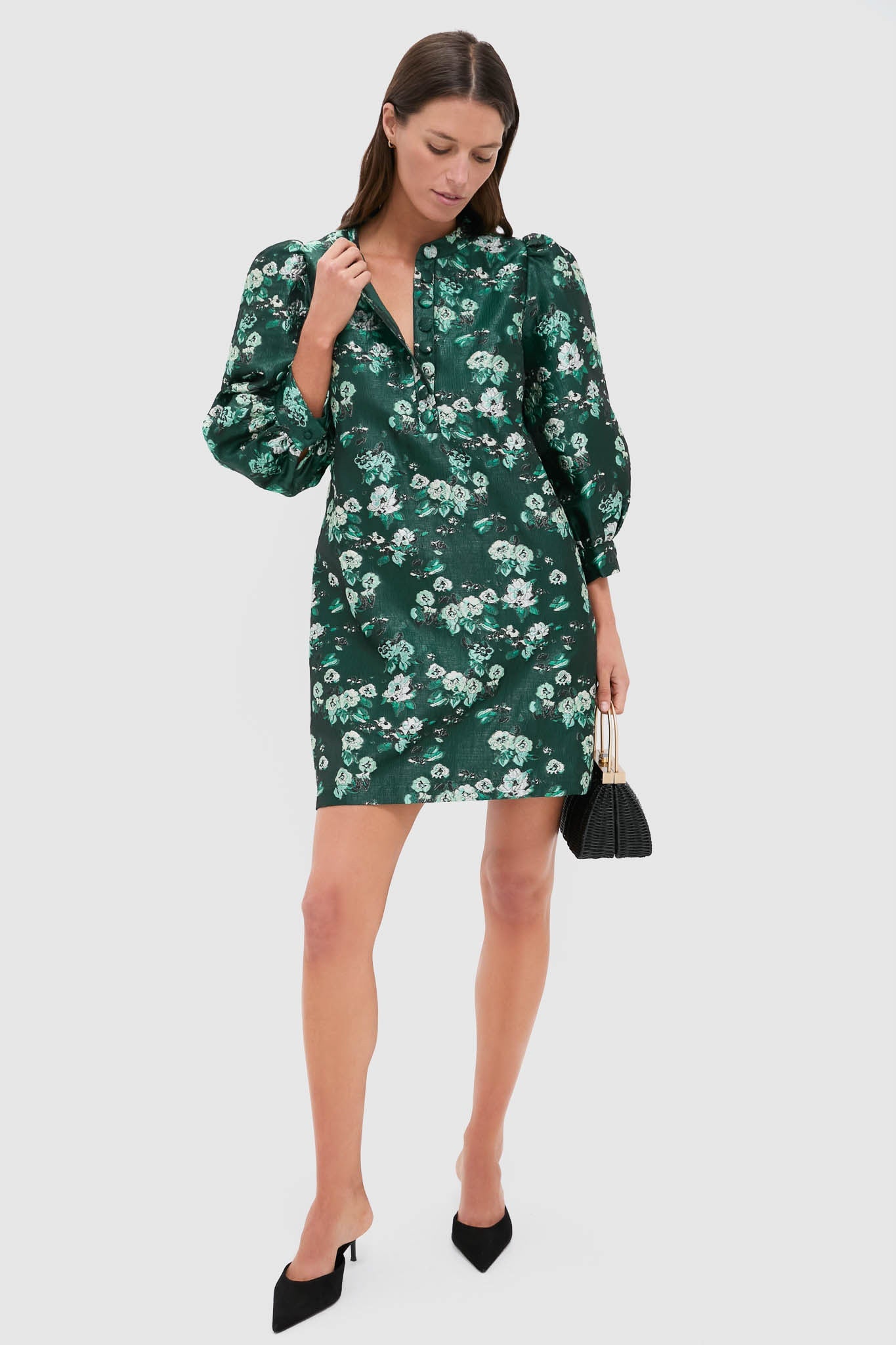 Emerald Magnolia Floral Jacquard Samantha Dress
