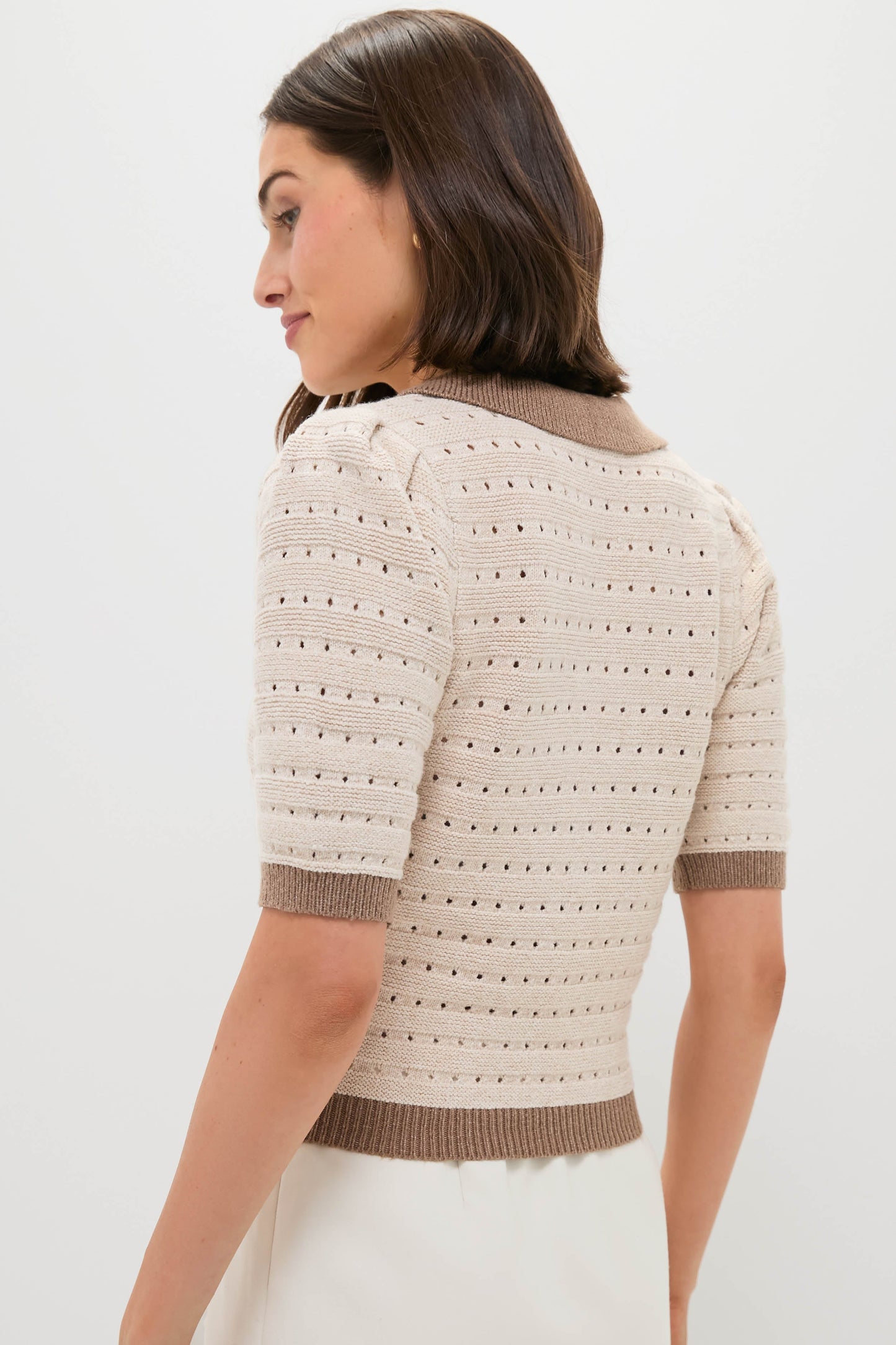 Cream and Tan Collared Short Sleeve Phil Sweater
