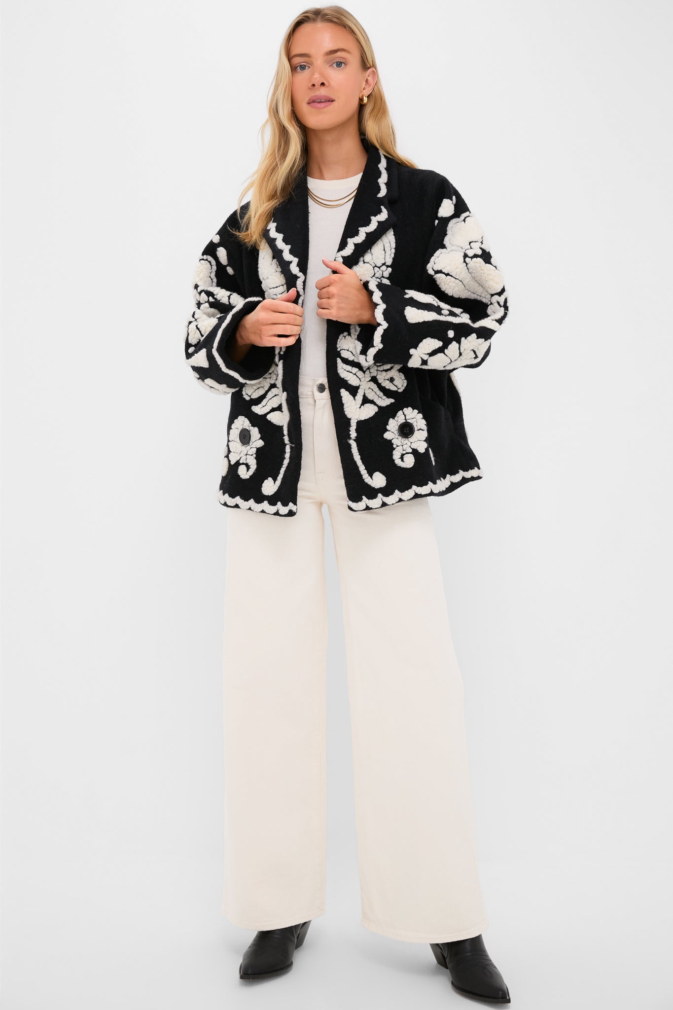 Black Cream Floral Arabesque Fleece Coat