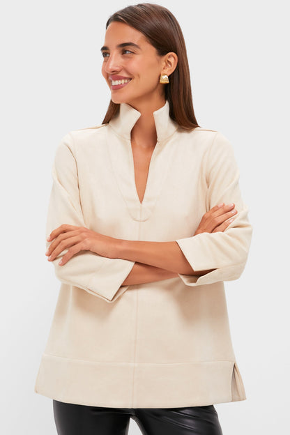 Bone Suede Margot Stand Collar Blouse