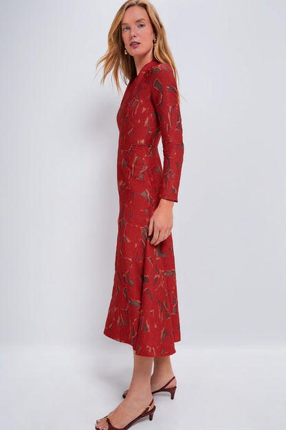 Red on Beige Seneca Embellished Midi Dress