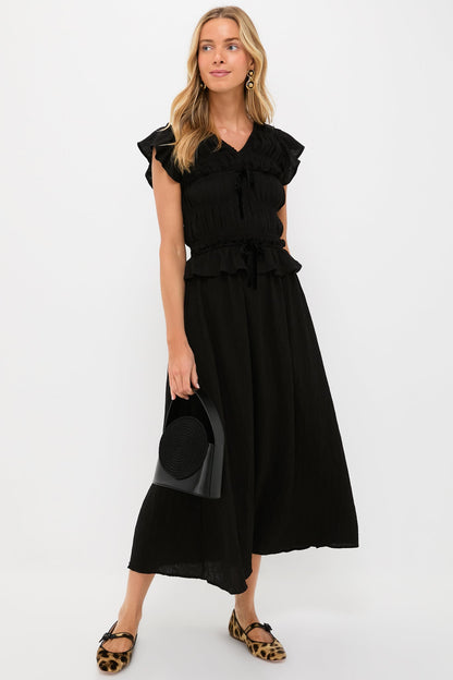 Black Flutter Sleeve Midi Dress