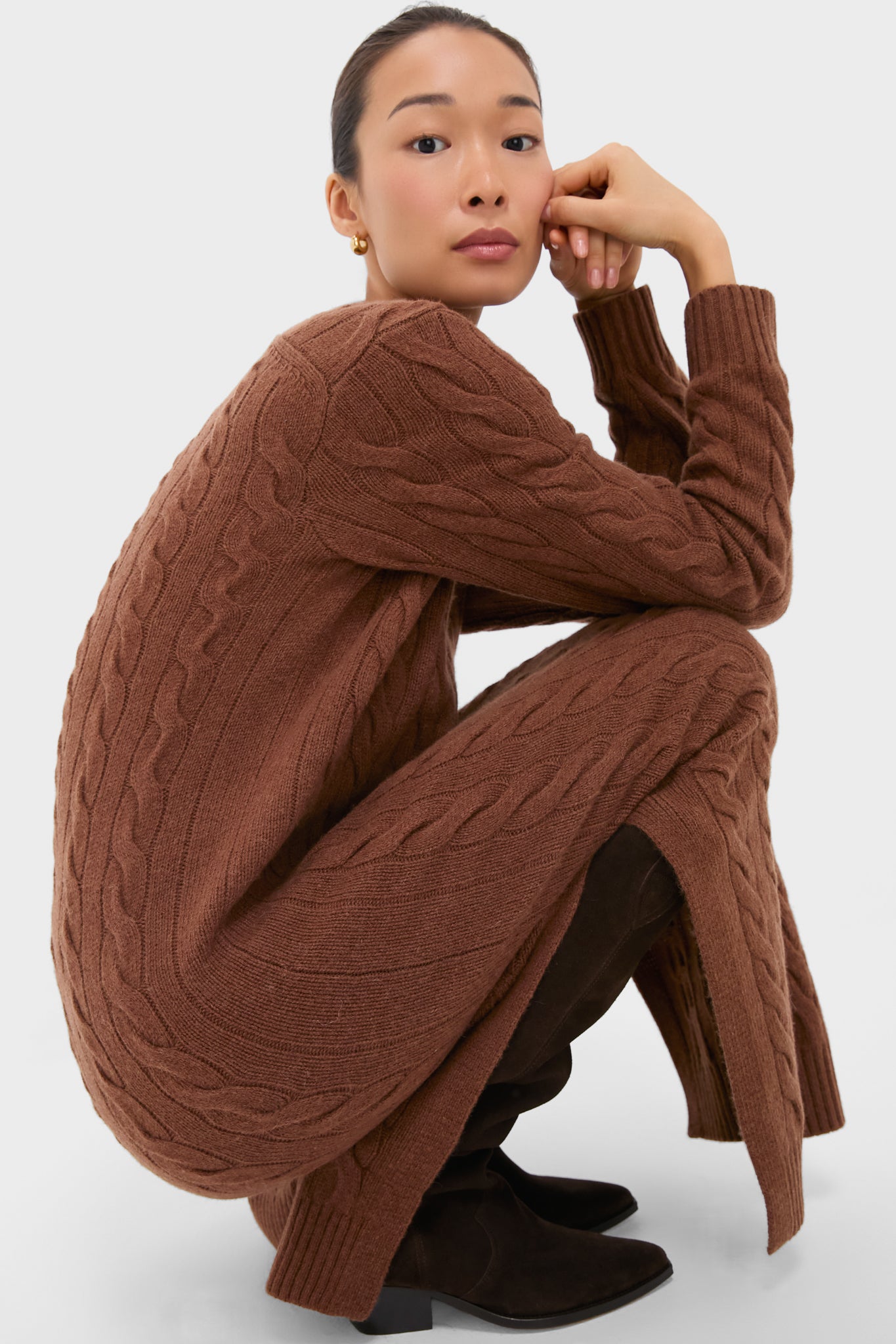 Gingerbread Brown Melange Alpaca Blend Sweater V-Neck Long Sleeve Dress