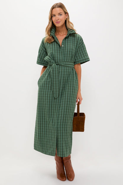 Dark Green Windowpane Seersucker Zacara Dress