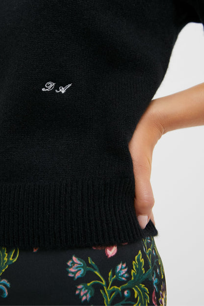 Black Cashmere Puff Sleeve Macy Crewneck Sweater