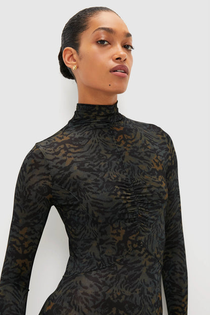 Desert Jasper Koa Jersey Ruched Front Turtleneck Dress