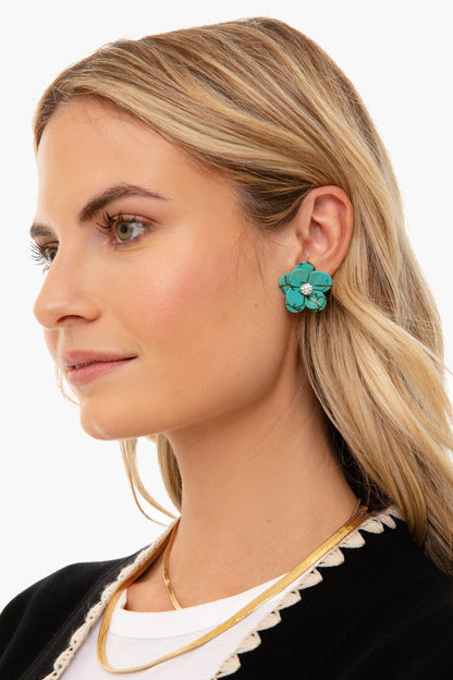 Turquoise Poppy Button Earrings