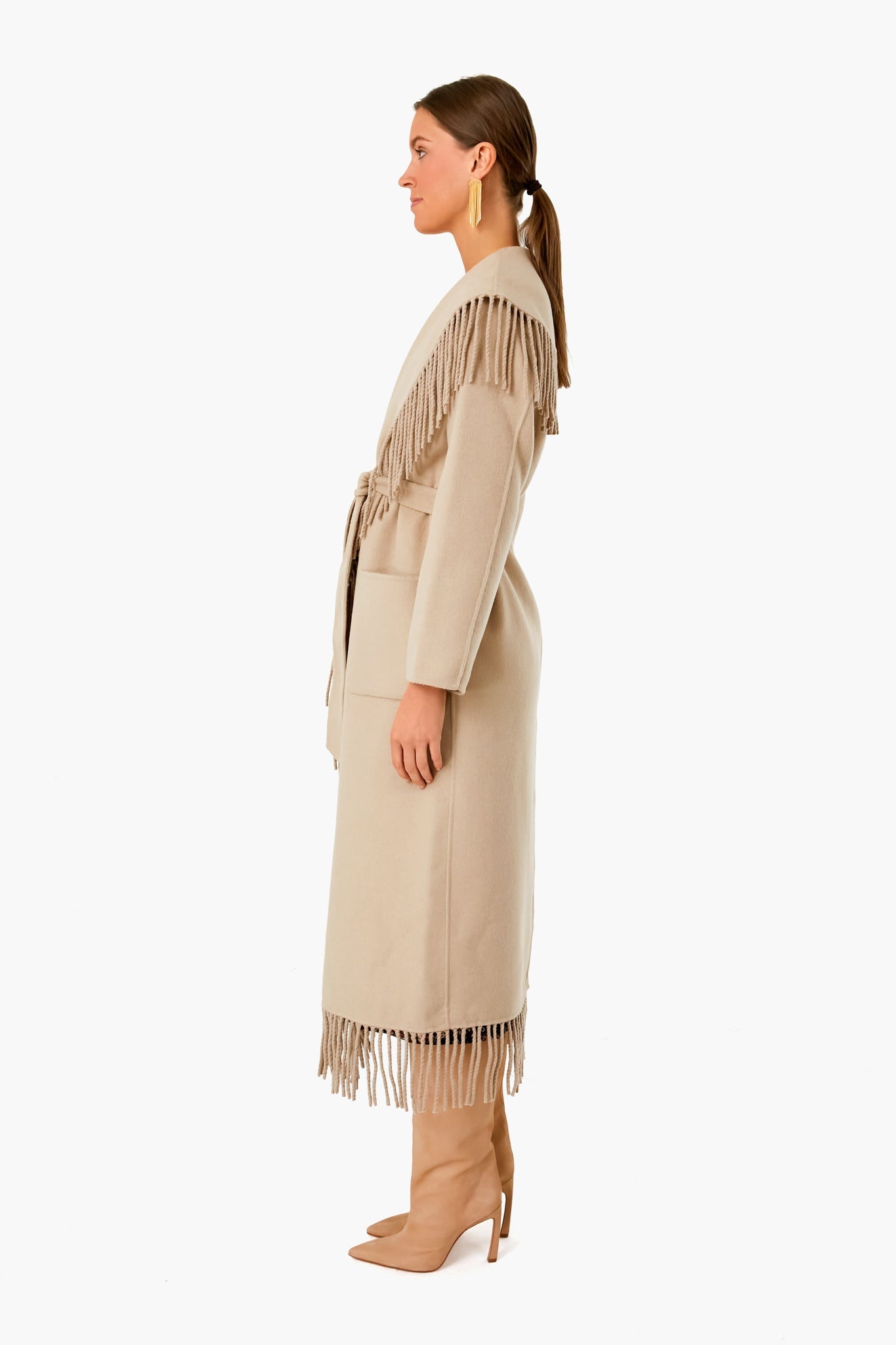 Sand Carrie Double Faced Wool Lapel Fringe Long Coat