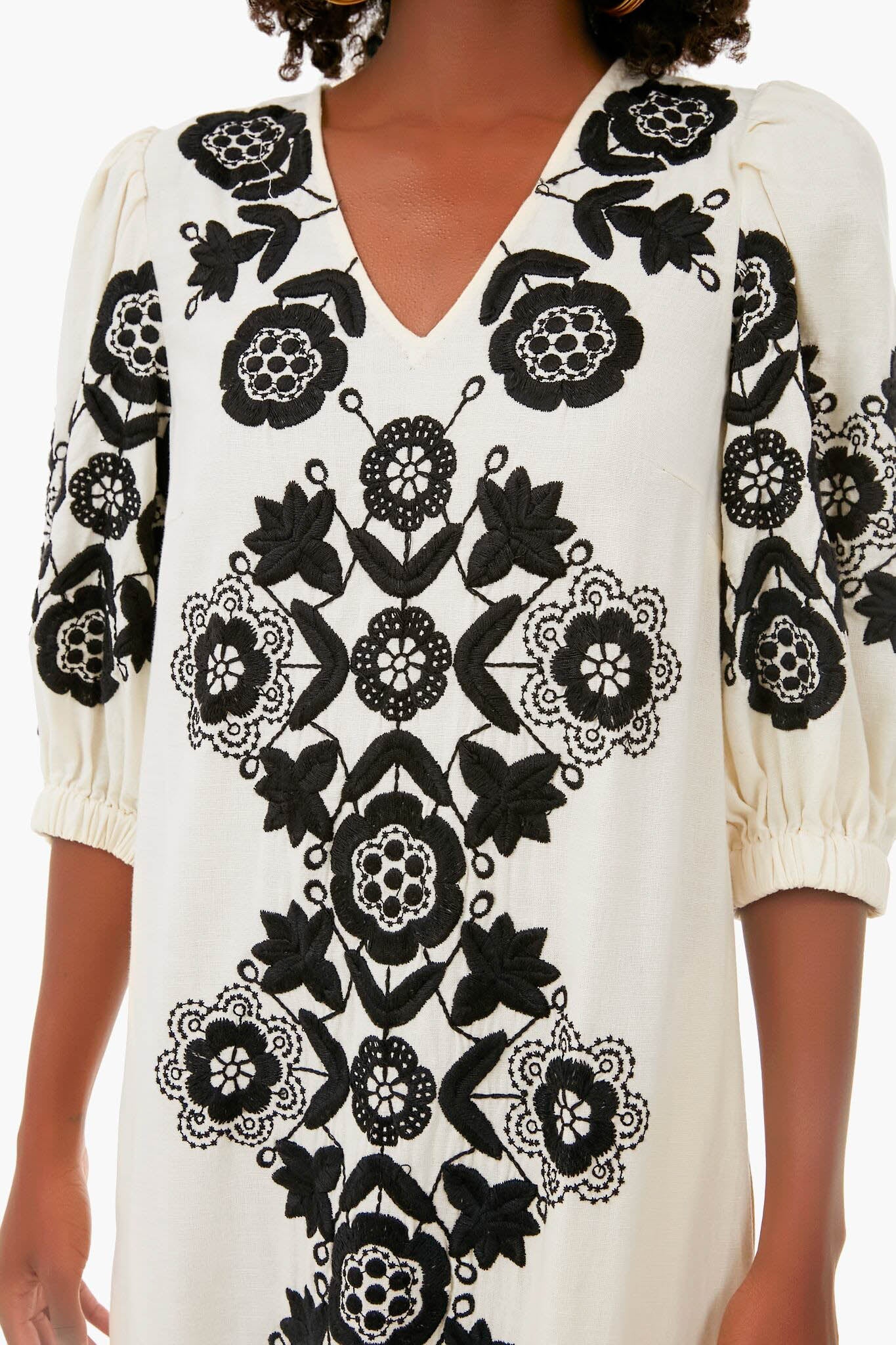 Cream Manuela Embroidered Puff Sleeve V-Neck Dress