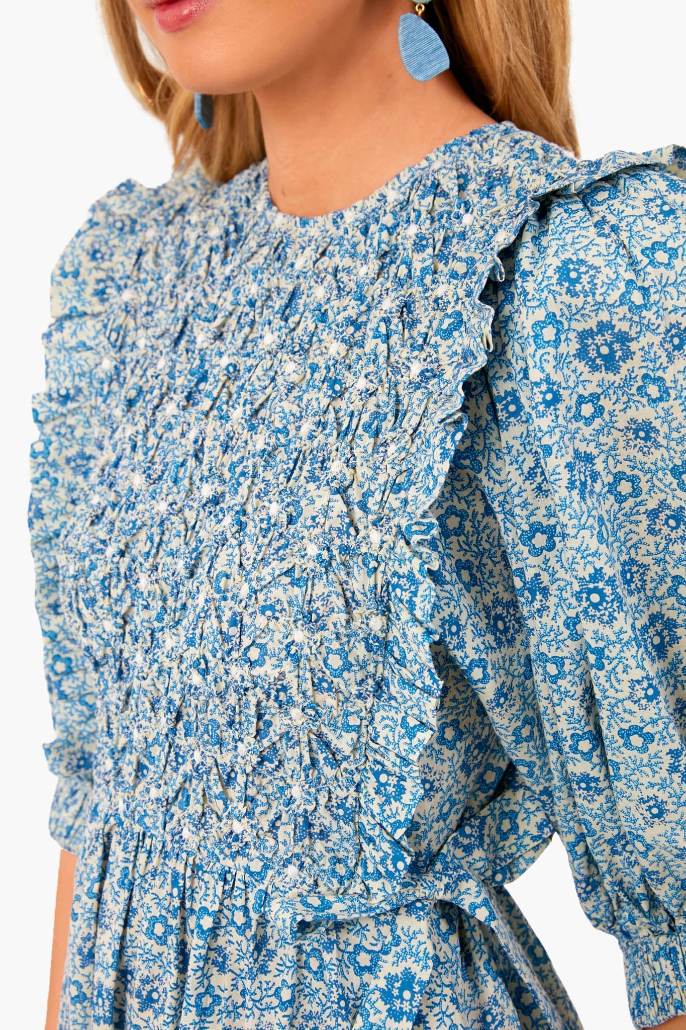 Blue Ida Print Puff Sleeve Smocked Dress