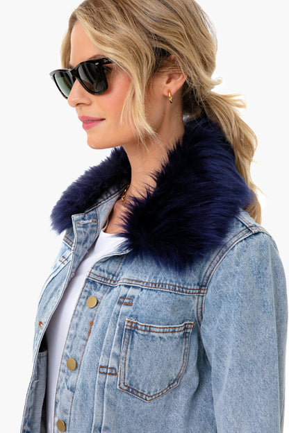 Denim Jacket With Removable Navy Fur Collar