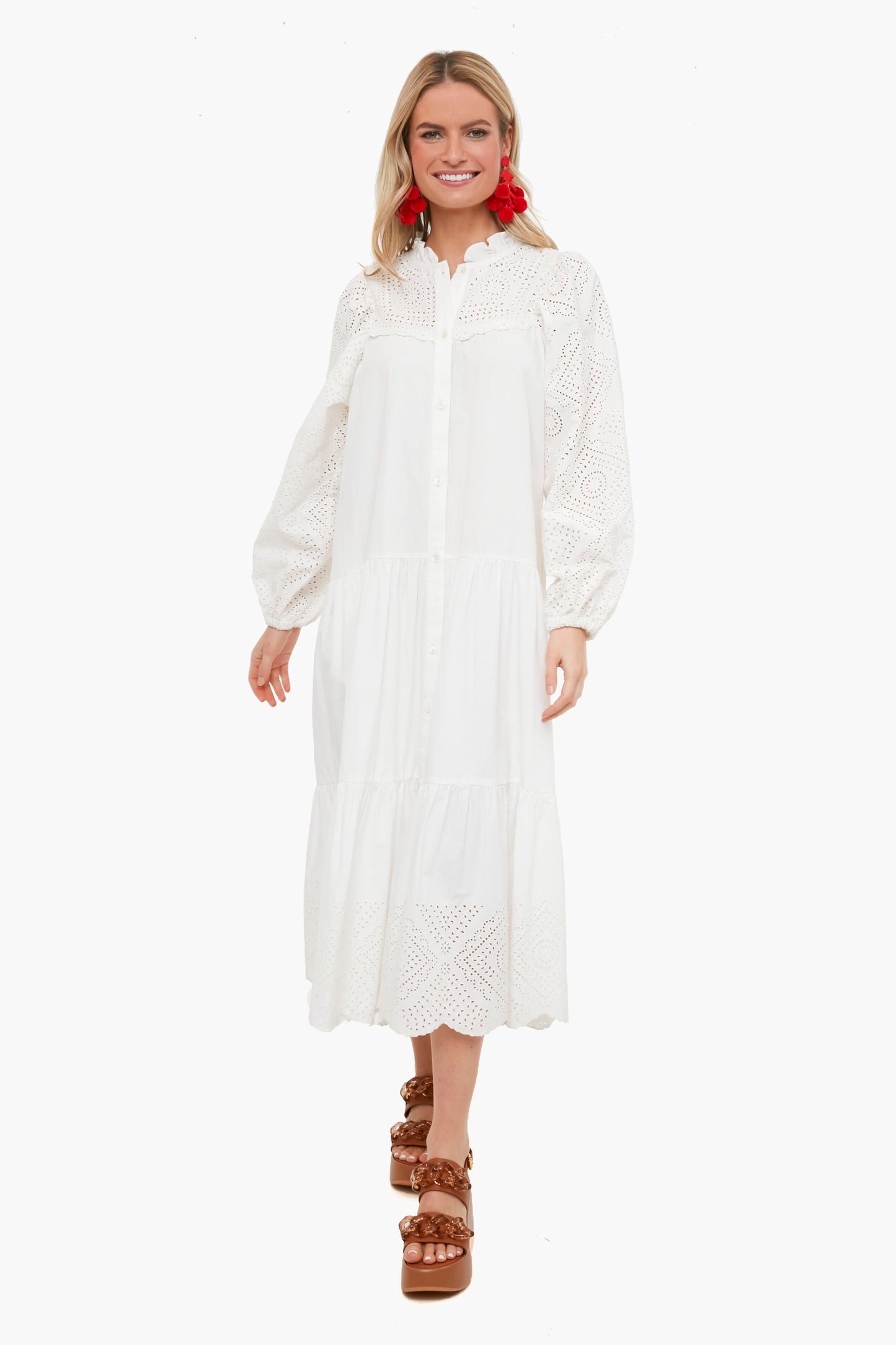 White Vienne Eyelet Long Sleeve Shirt Dress
