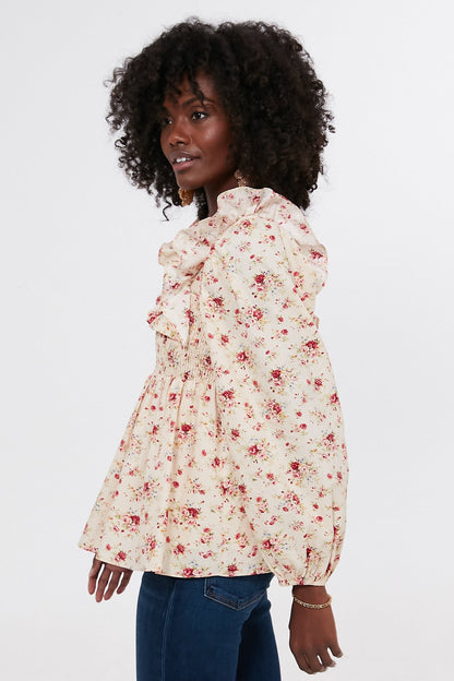 Cream Floral Ruffle Sleeve Addison Blouse
