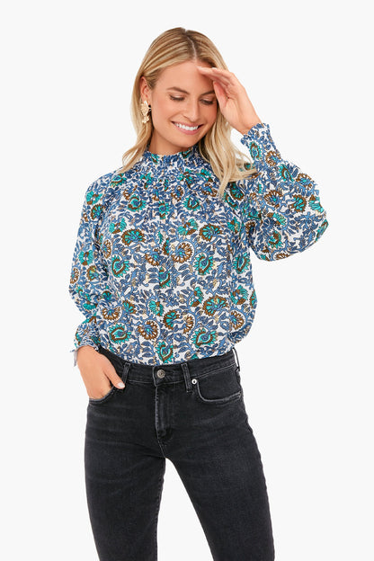 Gold Lurex Dot Napa Blue High Neck Top