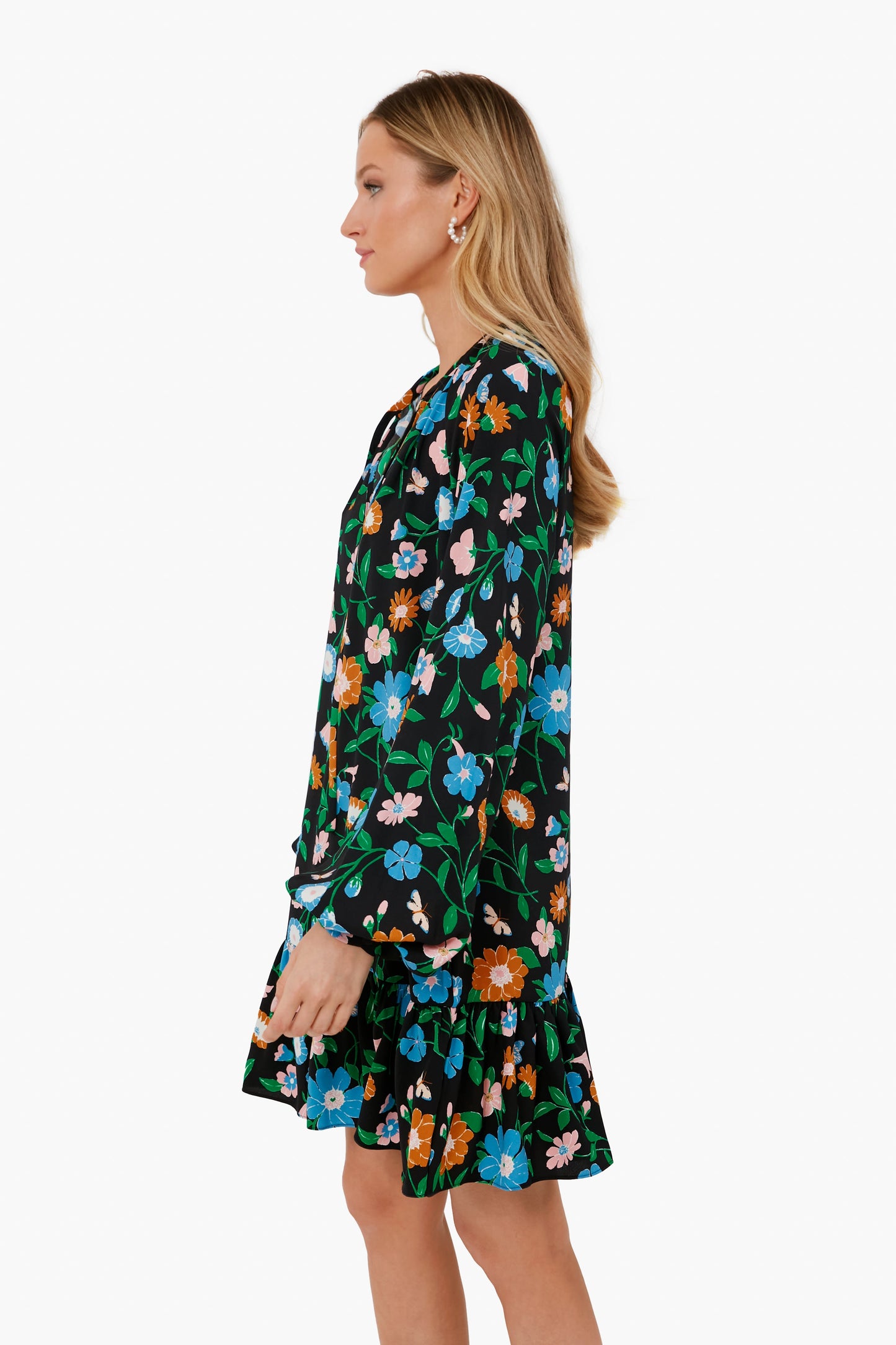 Black Floral Garden Tie Neck Dress