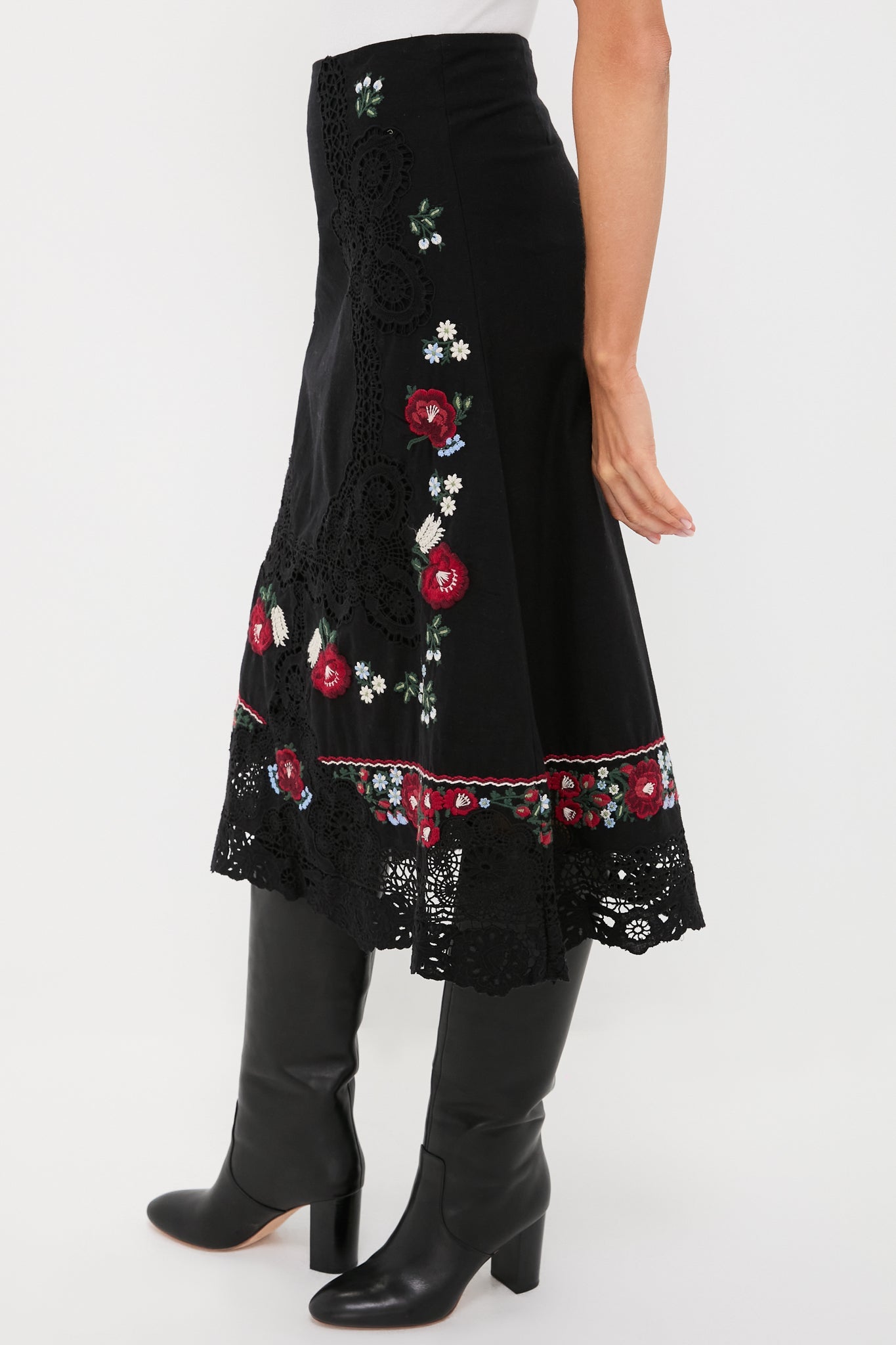 Black Rosaline Embroidery Midi Skirt