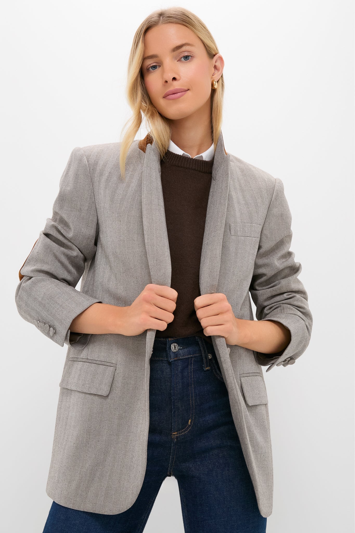 Gray Herringbone Suede Patch Leo Blazer