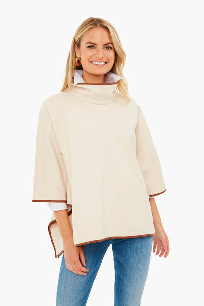 Ivory Pearl Leather Trim Funnel Neck Piper Poncho