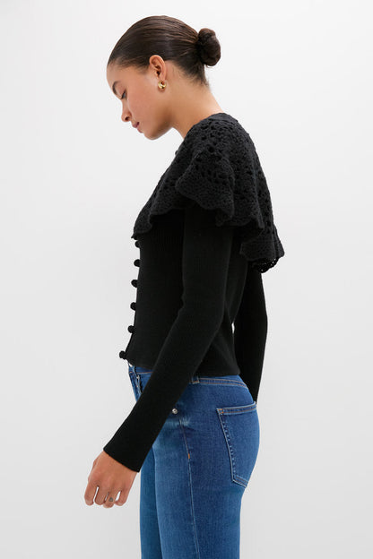 Black Nara Crochet Long Sleeve Cardigan With Capelet