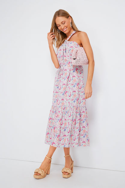 Pink Halter Neck Floral Medouie Midi Dress