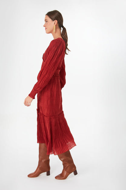 Rust Pasha Pleated Long Sleeve Smocked Dress