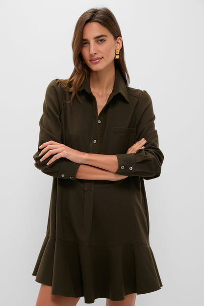Dark Olive Whipstitch Brushed Wool Callahan Shirt Dress