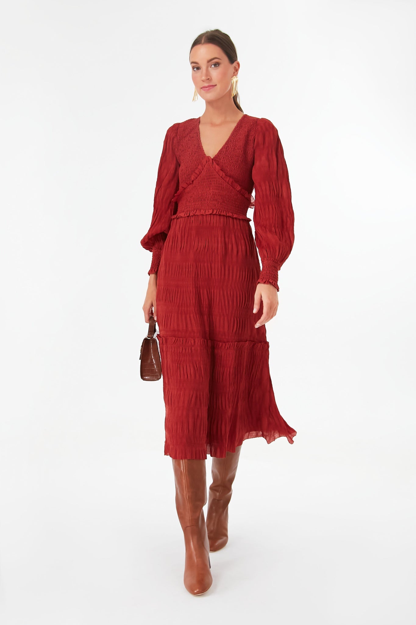 Rust Pasha Pleated Long Sleeve Smocked Dress