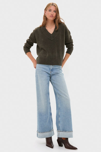 Olive Wool Boxy V-Neck Sweater