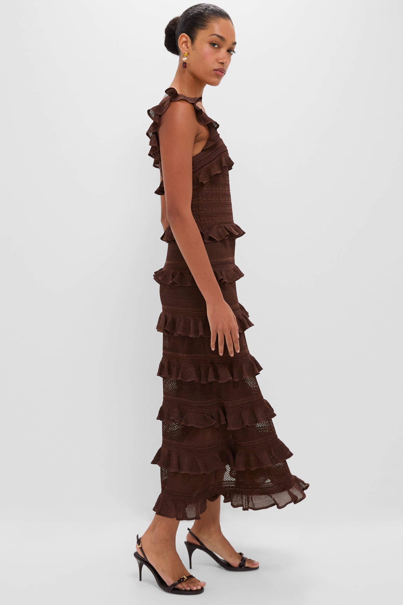 Metallic Chocolate Hypnotic Lace Frill Midi Dress