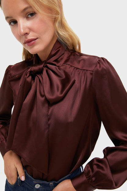 Chocolate Satin Brianna Bow Blouse