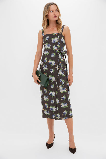 Brown & Blue Floral Wrap Tasha Midi Dress