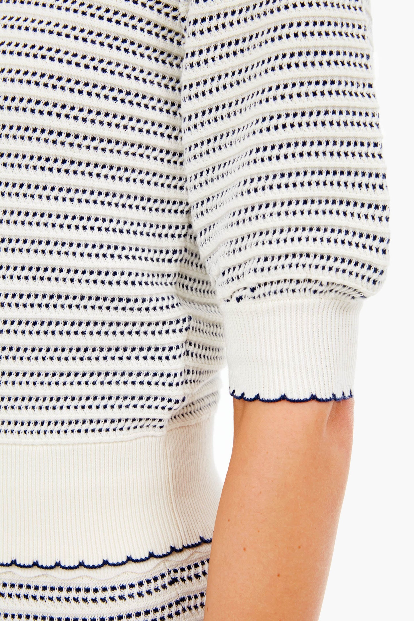 French Cream Striped Scallop Sweater